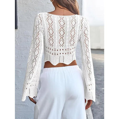 Distinctive Hollow Out Drawstring Flare Sleeve Cropped Top-Women