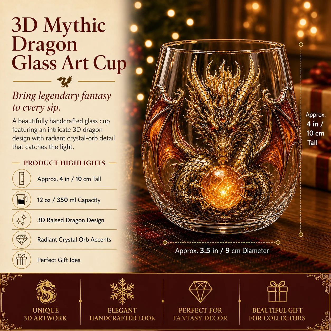 Purpose-Built 3D Mythic Dragon Glass Art Cup – Luxury Raised Fantasy