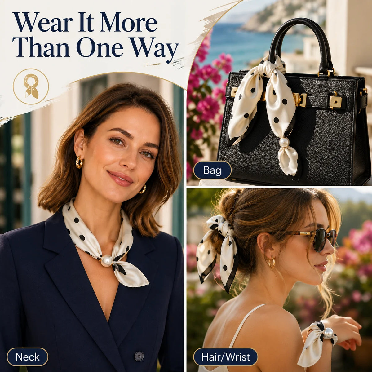 Printed Scarf with an Elegant Pearl Buckle Closure