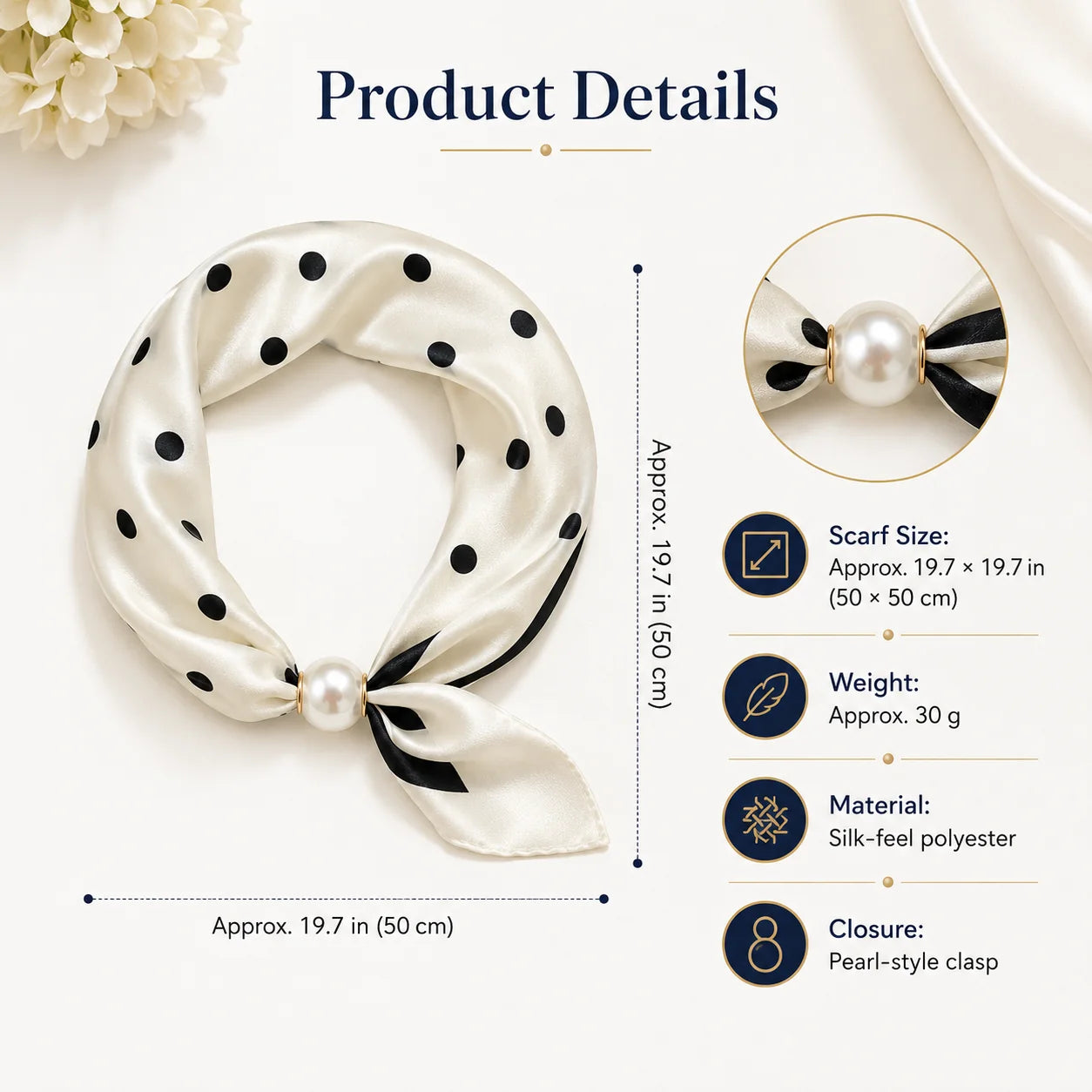 Printed Scarf with an Elegant Pearl Buckle Closure