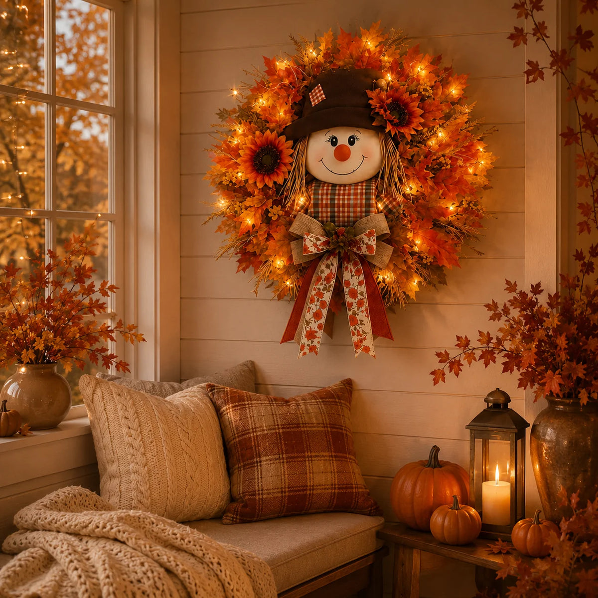 Vehicle-Ready Lighted Scarecrow Fall Wreath for Fr – Lighted Scarecrow