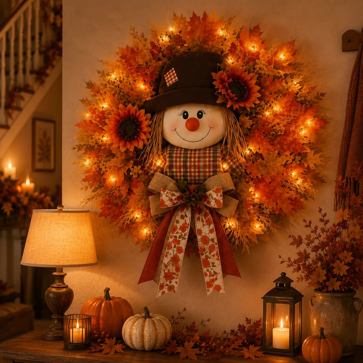 Vehicle-Ready Lighted Scarecrow Fall Wreath for Fr – Lighted Scarecrow