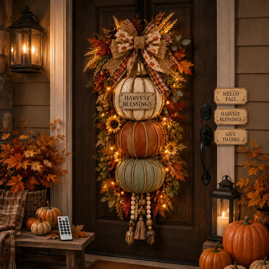 Three-Plaque Lighted Pumpkin Tower for Seasonal Door Displays