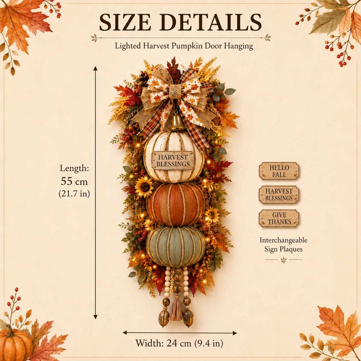 Three-Plaque Lighted Pumpkin Tower for Seasonal Door Displays