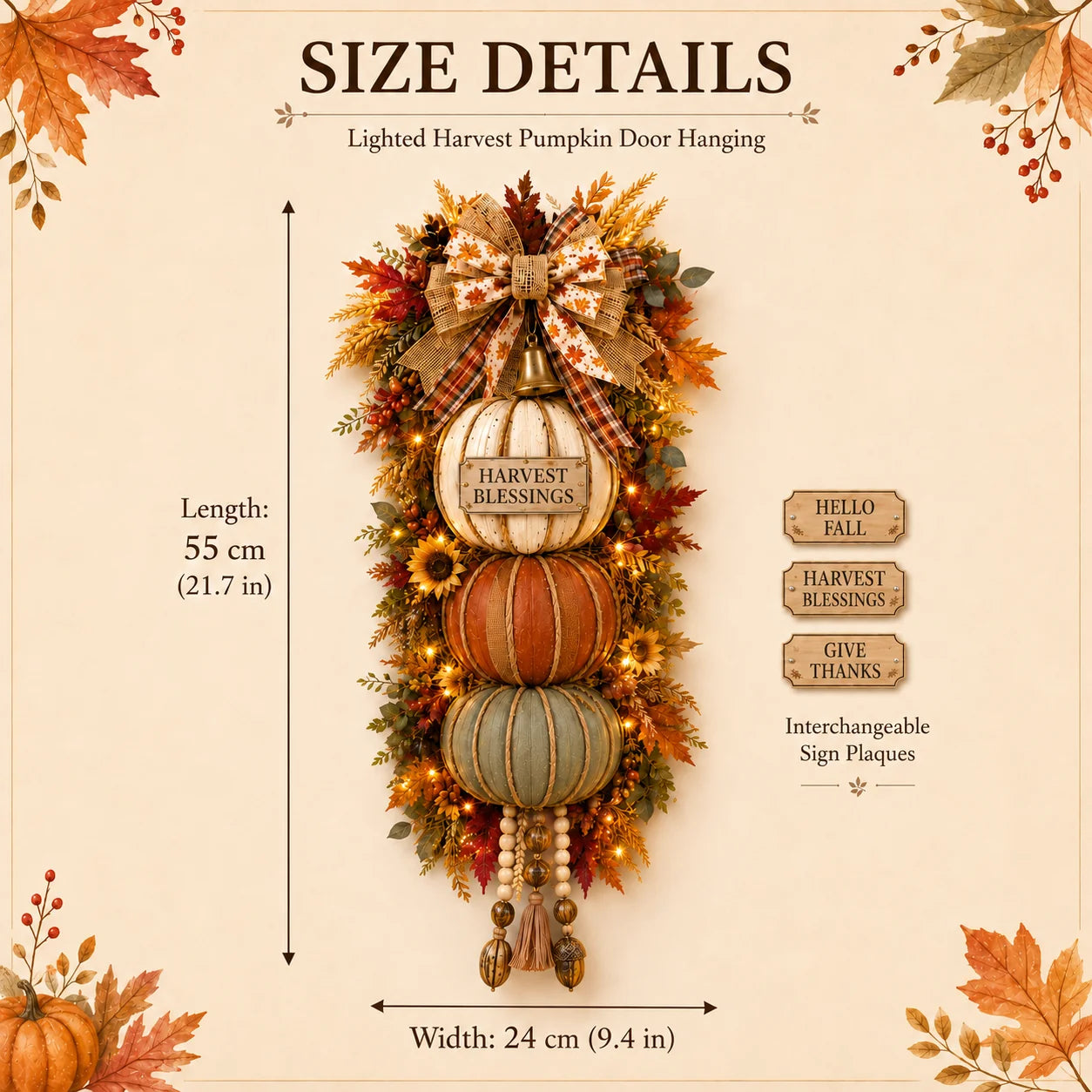 Three-Plaque Lighted Pumpkin Tower for Seasonal Door Displays