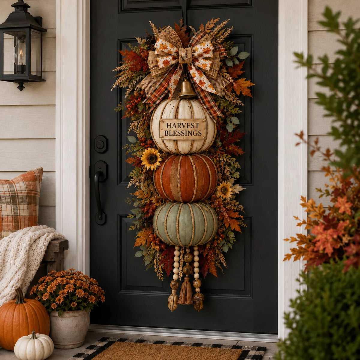 Three-Plaque Lighted Pumpkin Tower for Seasonal Door Displays