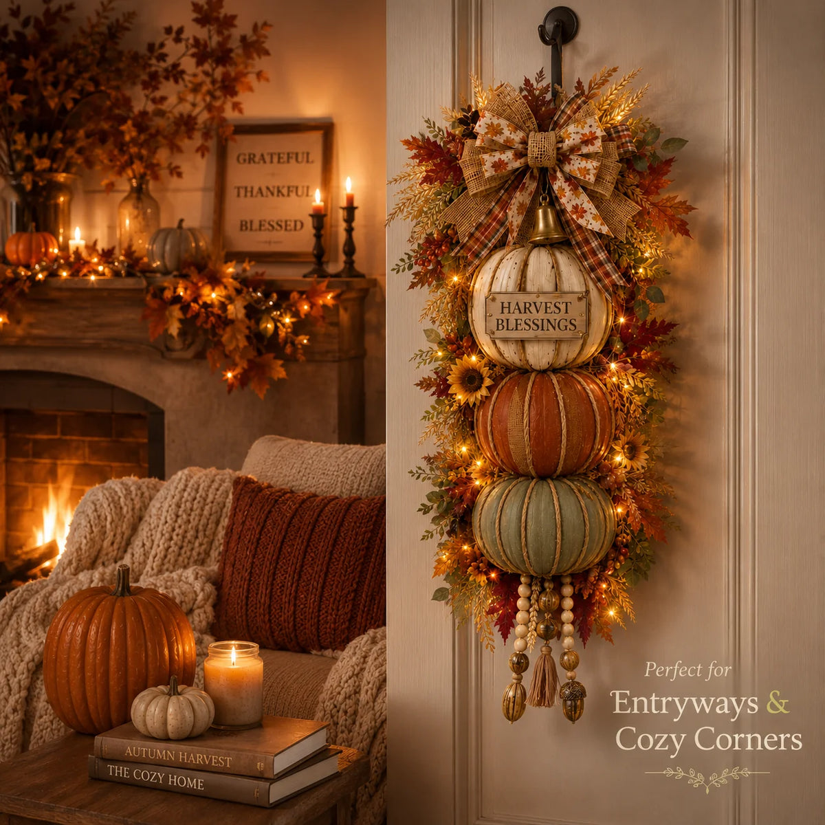 Three-Plaque Lighted Pumpkin Tower for Seasonal Door Displays