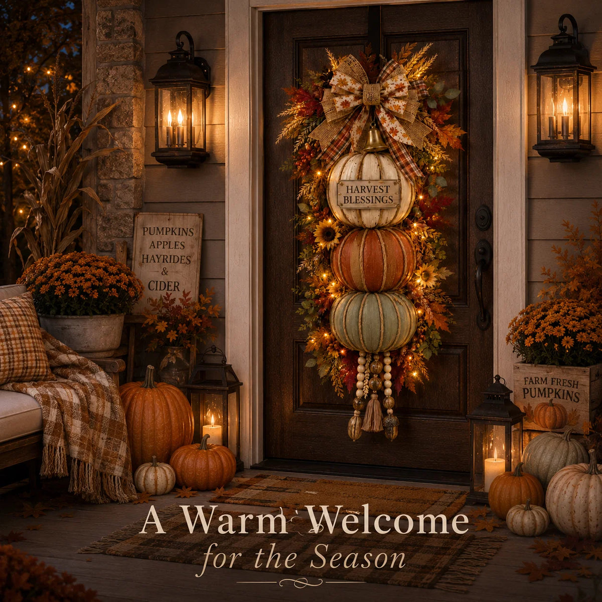 Three-Plaque Lighted Pumpkin Tower for Seasonal Door Displays
