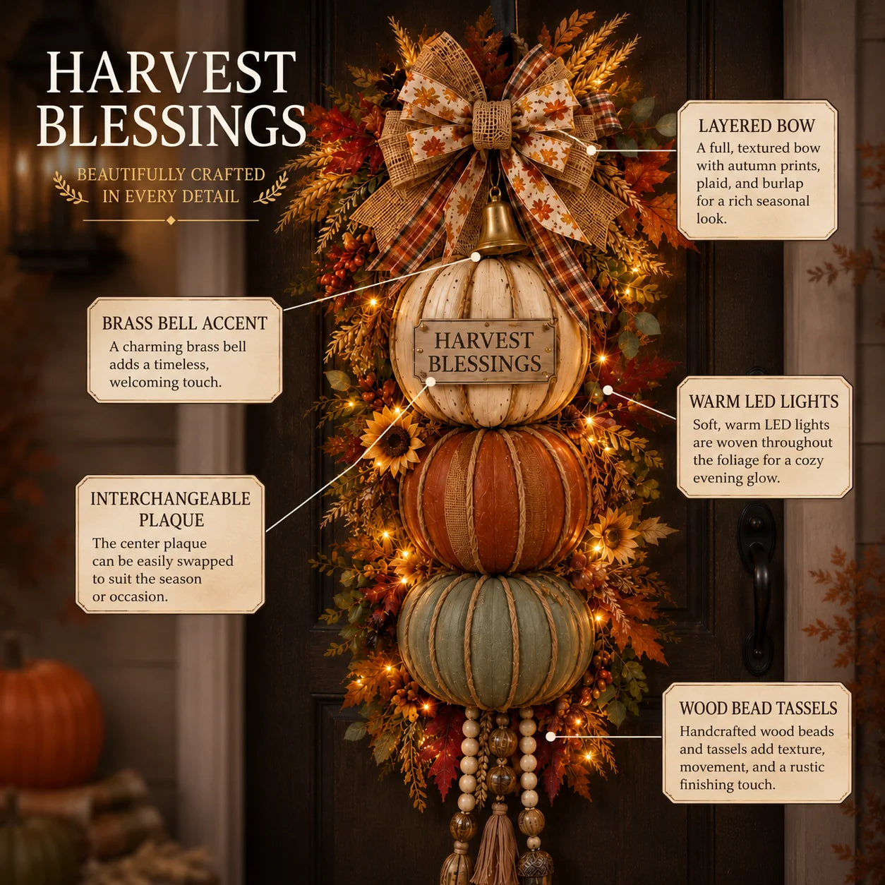 Three-Plaque Lighted Pumpkin Tower for Seasonal Door Displays