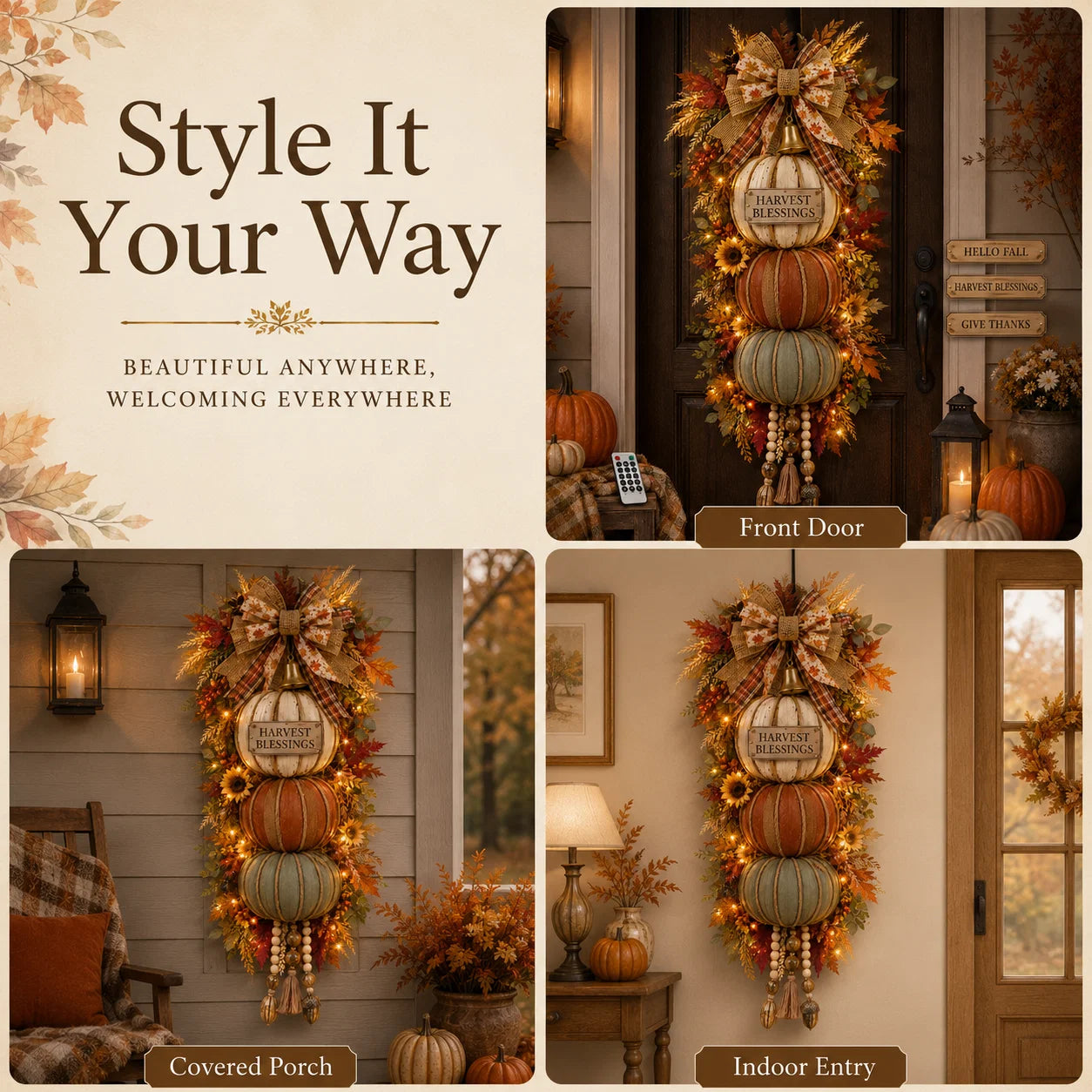 Three-Plaque Lighted Pumpkin Tower for Seasonal Door Displays