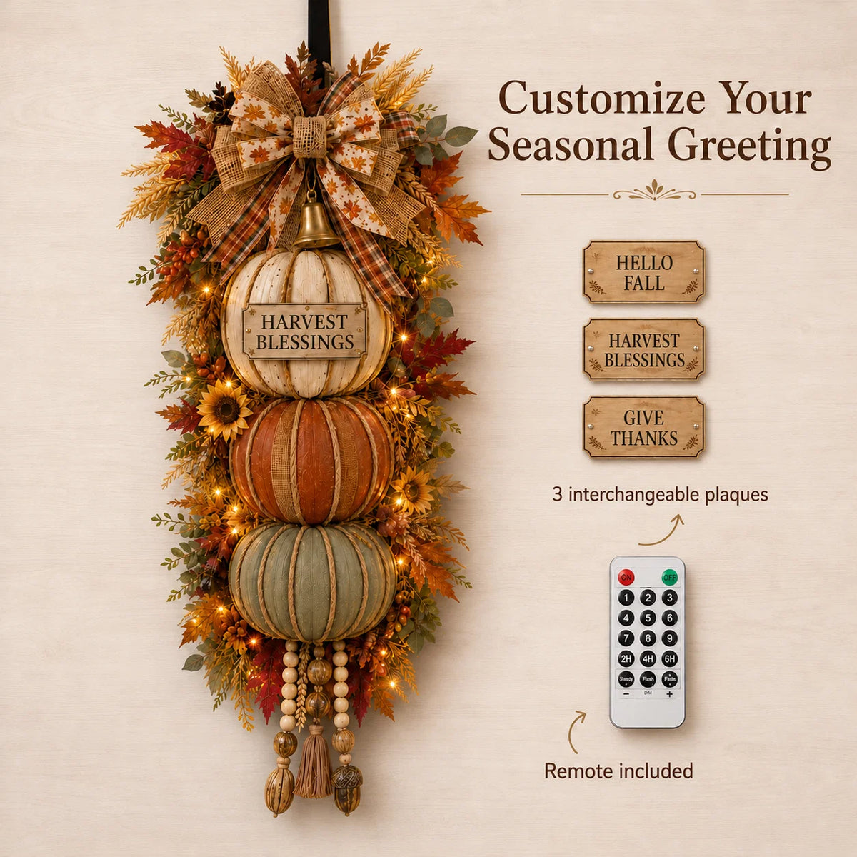 Three-Plaque Lighted Pumpkin Tower for Seasonal Door Displays