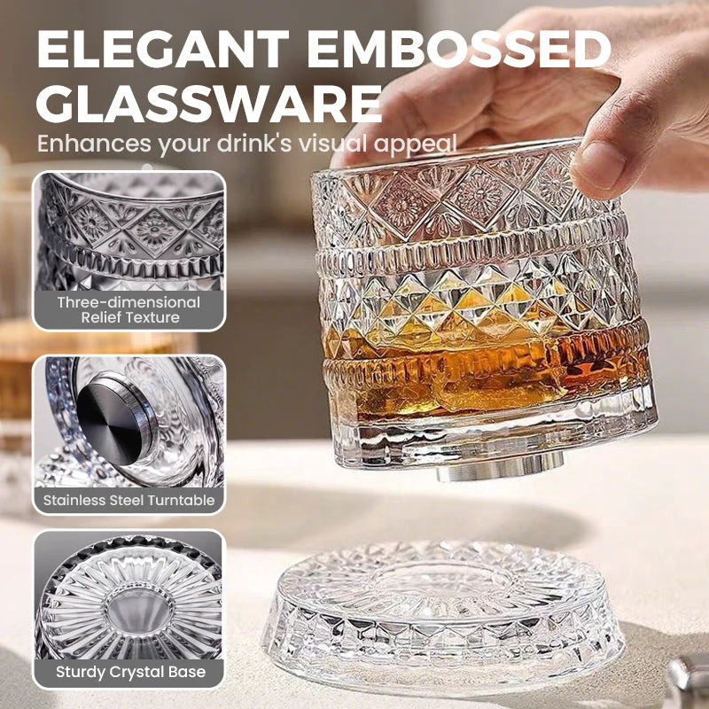 360° Rotating Lead-Free Whiskey Tumbler with Embossed Detail