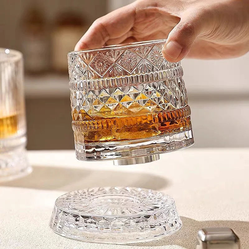 360° Rotating Lead-Free Whiskey Tumbler with Embossed Detail