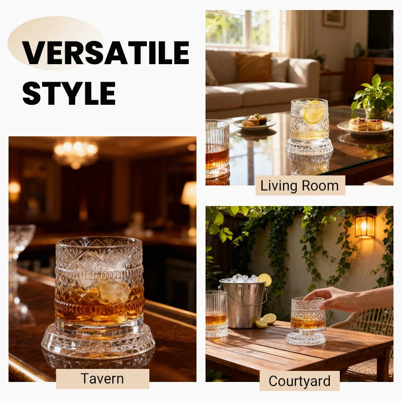360° Rotating Lead-Free Whiskey Tumbler with Embossed Detail
