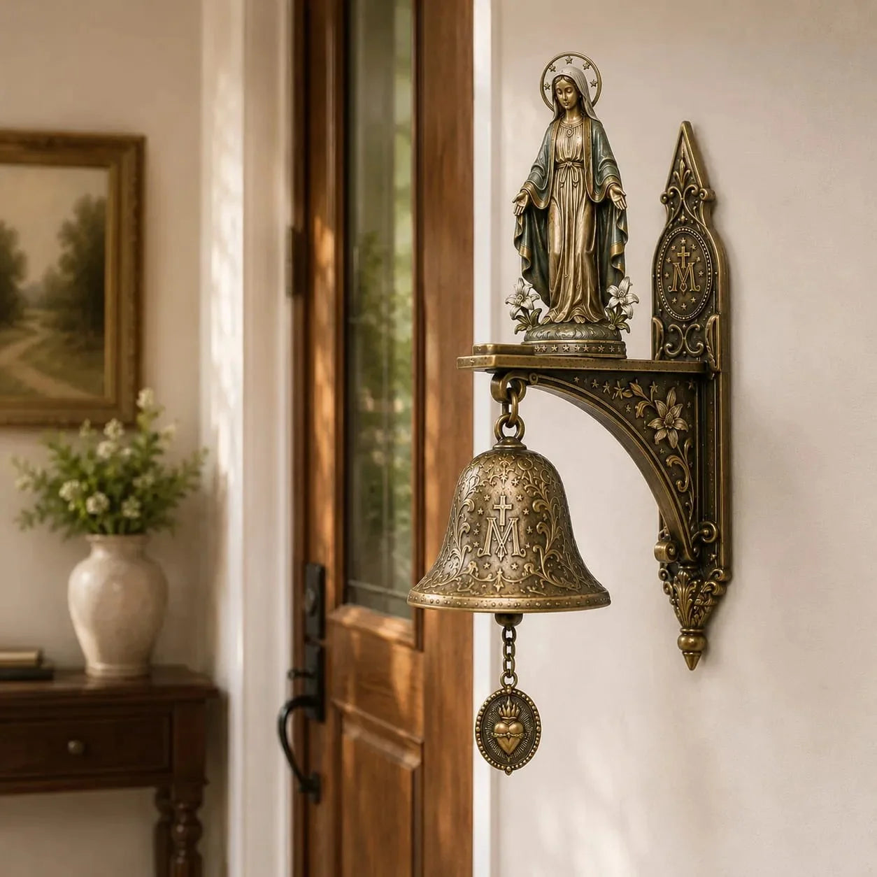 Bronze Marian Medal Bell for a Catholic Home or Garden