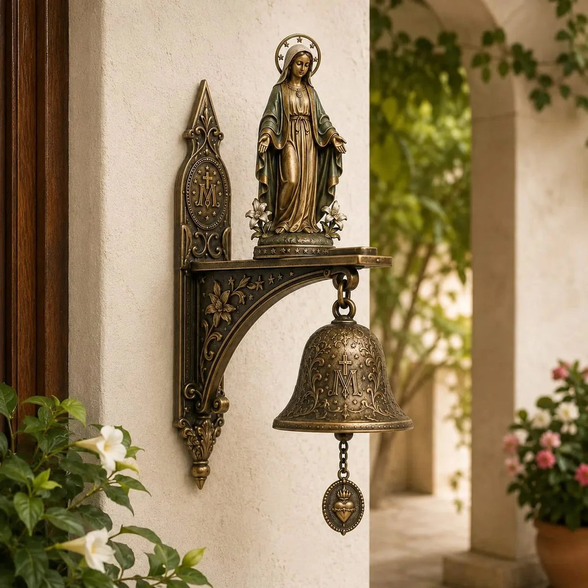 Bronze Marian Medal Bell for a Catholic Home or Garden