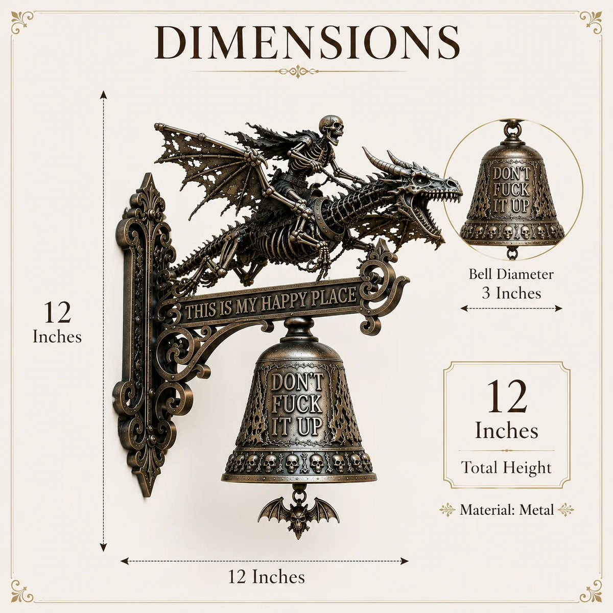 Dragon Rider Skull Wall Bell with Happy Place Message