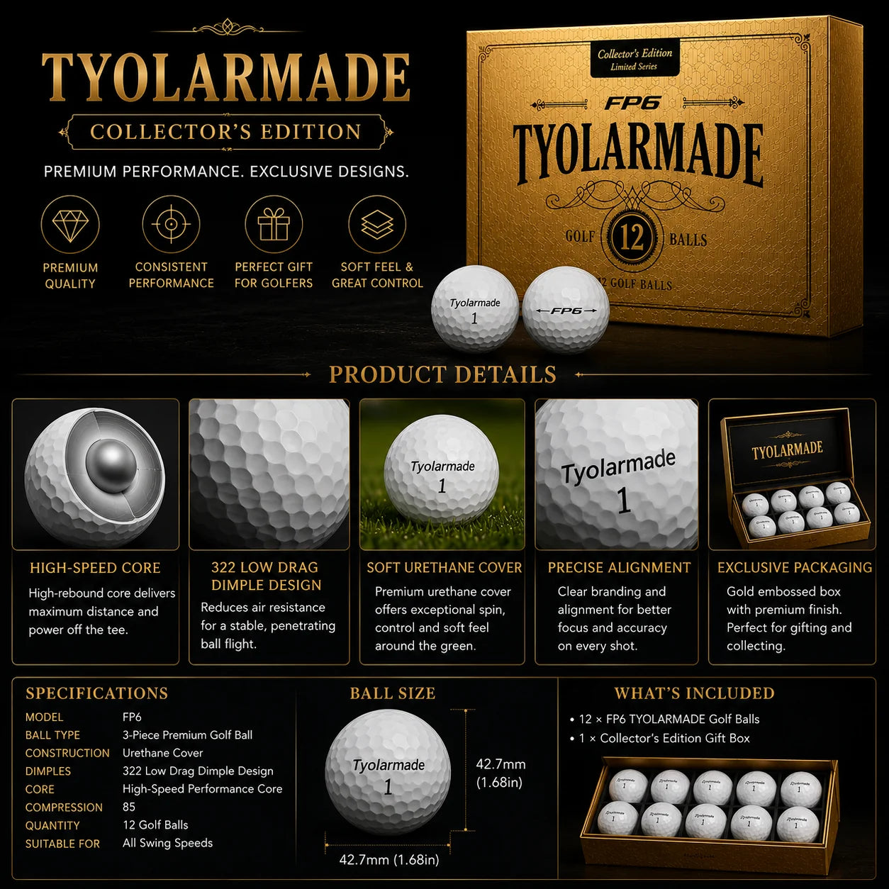 Collector's Edition Golf Balls, 12-Piece Set for Players and Gifts